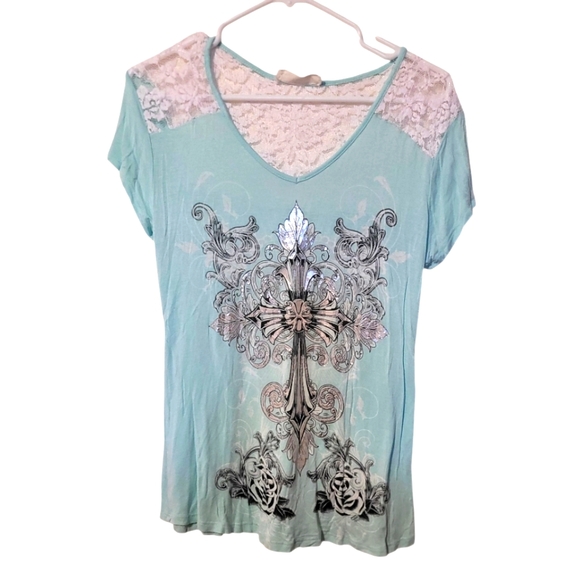 Blue Aqua And Silver Lace Short Sleeve Tee With Rose Design Size Unknown - Picture 1 of 10
